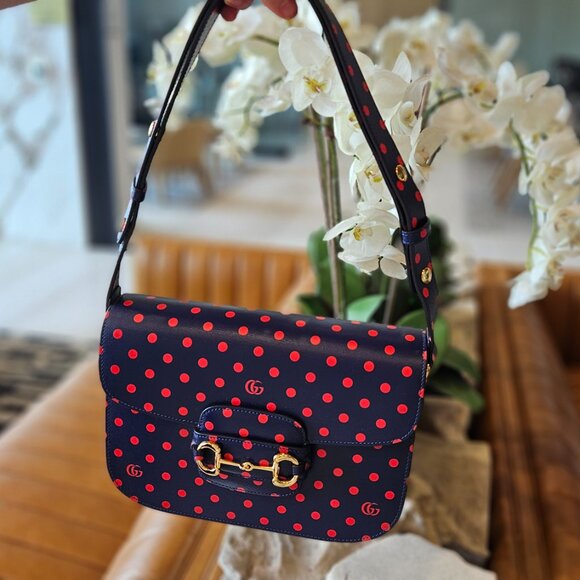 Gucci Handbags - Gucci  Shangai Calfskin Polka Dot Horsebit 1955 Shoulder Bag Blue Orange